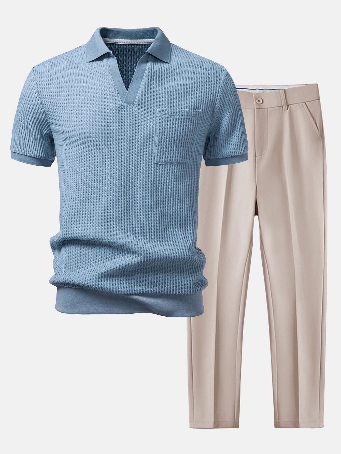 Mens Pant & Waffle Polo Set Slim Tapered 2-Piece Smart Casual – Daxel