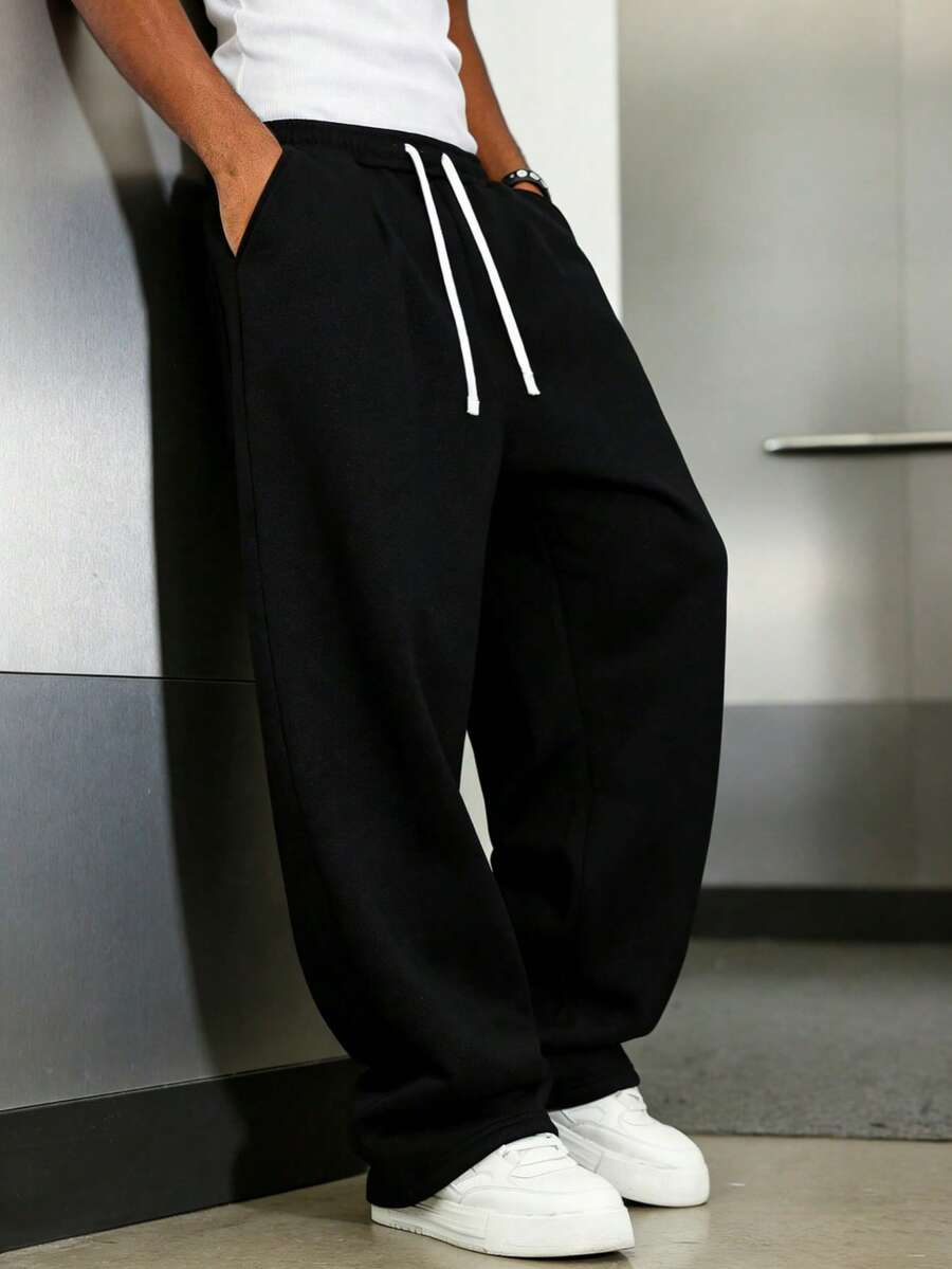Mens Pant Wide Leg Drawstring Sweatpant Solid Relaxed Fit – Vorval