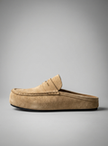 Close-up of penny strap mule loafer in beige with moc stitch apron toe – TARLANO