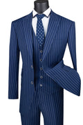 Navy chalk pinstripe three-piece suit with wide peak lapel – TARLANO