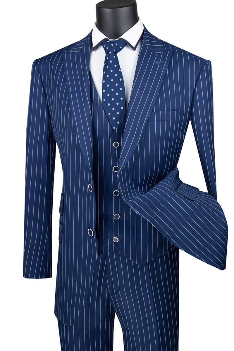 Navy chalk pinstripe three-piece suit with wide peak lapel – TARLANO