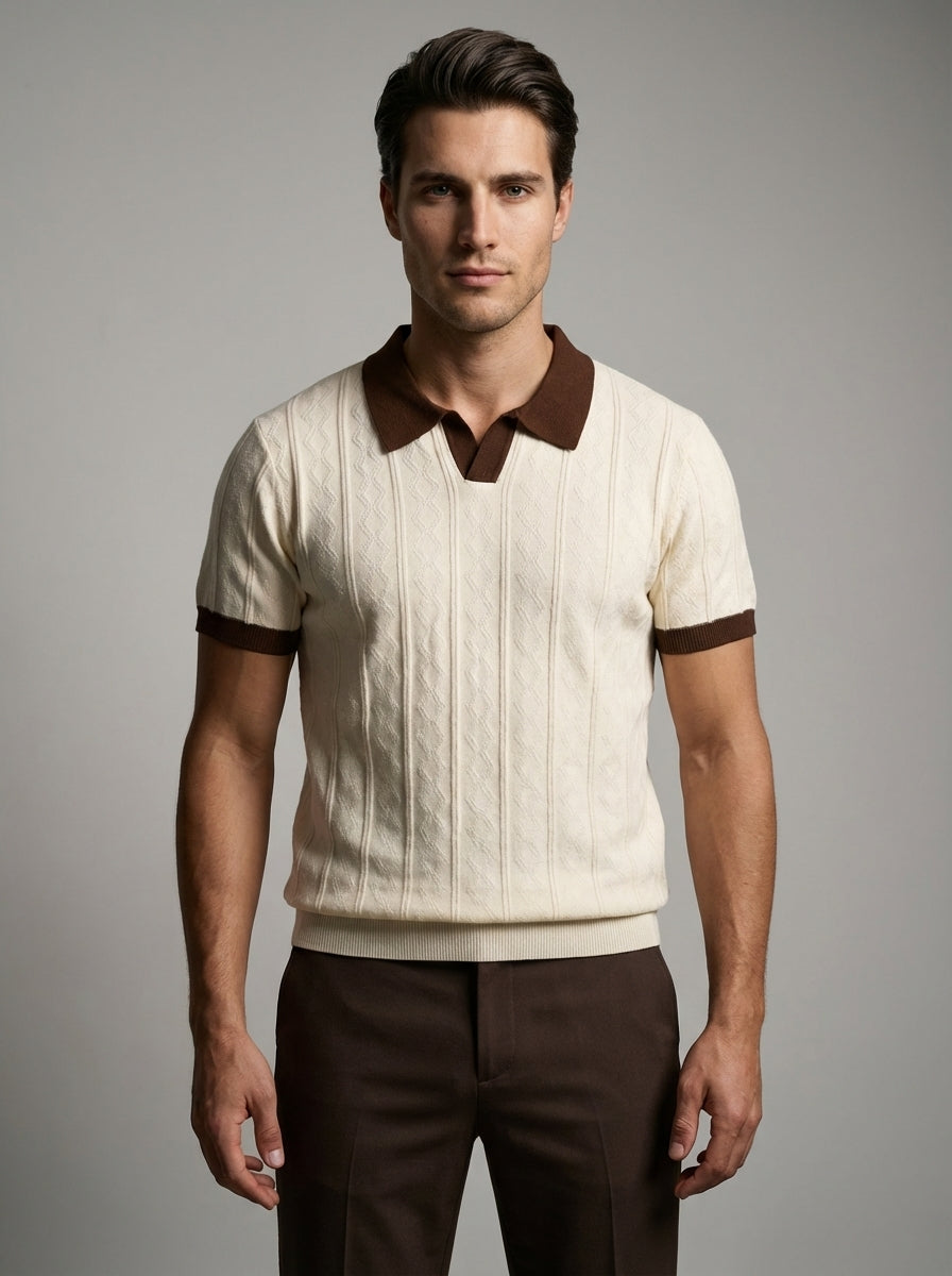 Cable knit polo in cream with brown contrast trim – TARLANO
