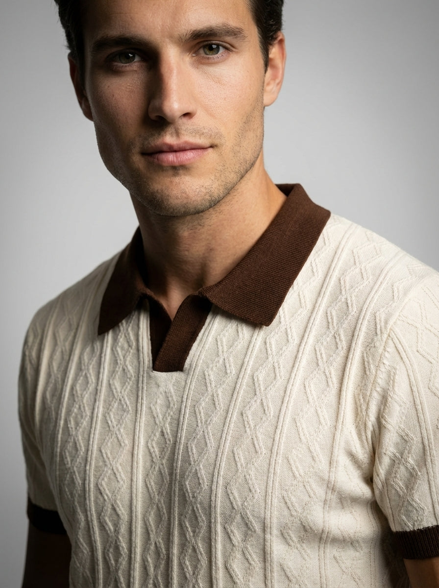 Mens Polo Cable Knit Contrast Trim Short Sleeve Cream Brown – Everton
