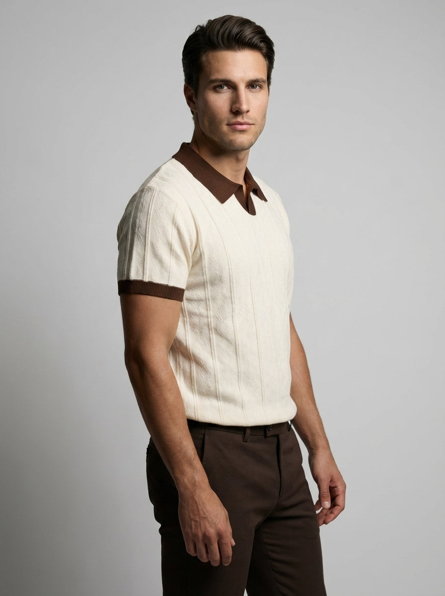 Mens Polo Cable Knit Contrast Trim Short Sleeve Cream Brown – Everton
