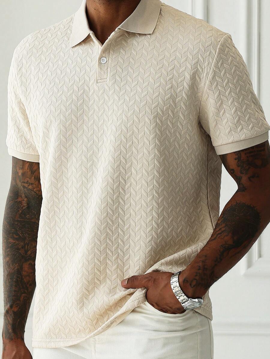 Model wearing geometric jacquard knit polo shirt in black – TARLANO