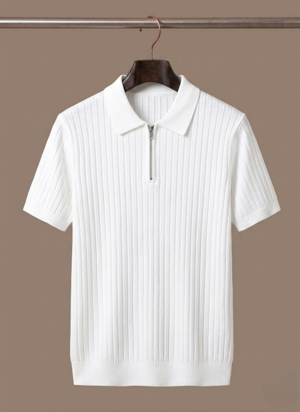 Close-up of striped knit polo shirt collar and placket detail – TARLANO