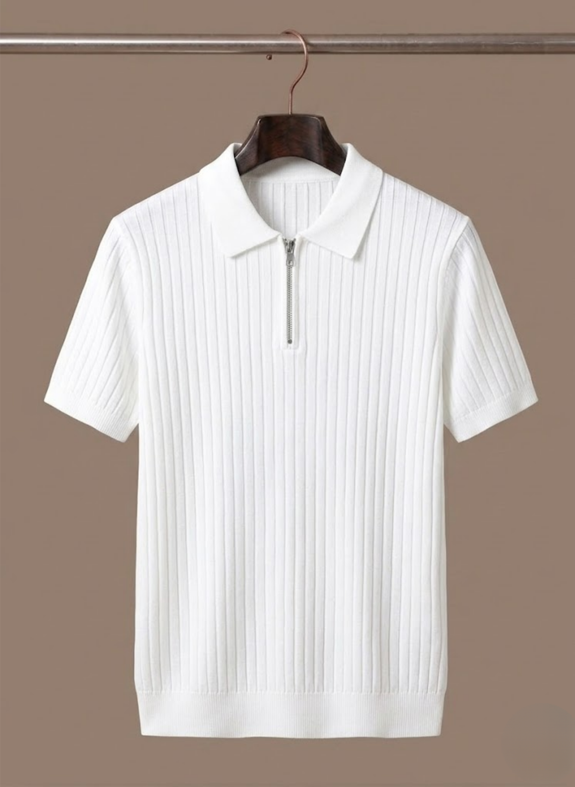 Close-up of striped knit polo shirt collar and placket detail – TARLANO