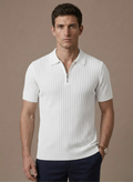 Model wearing striped knit short sleeve polo shirt – TARLANO
