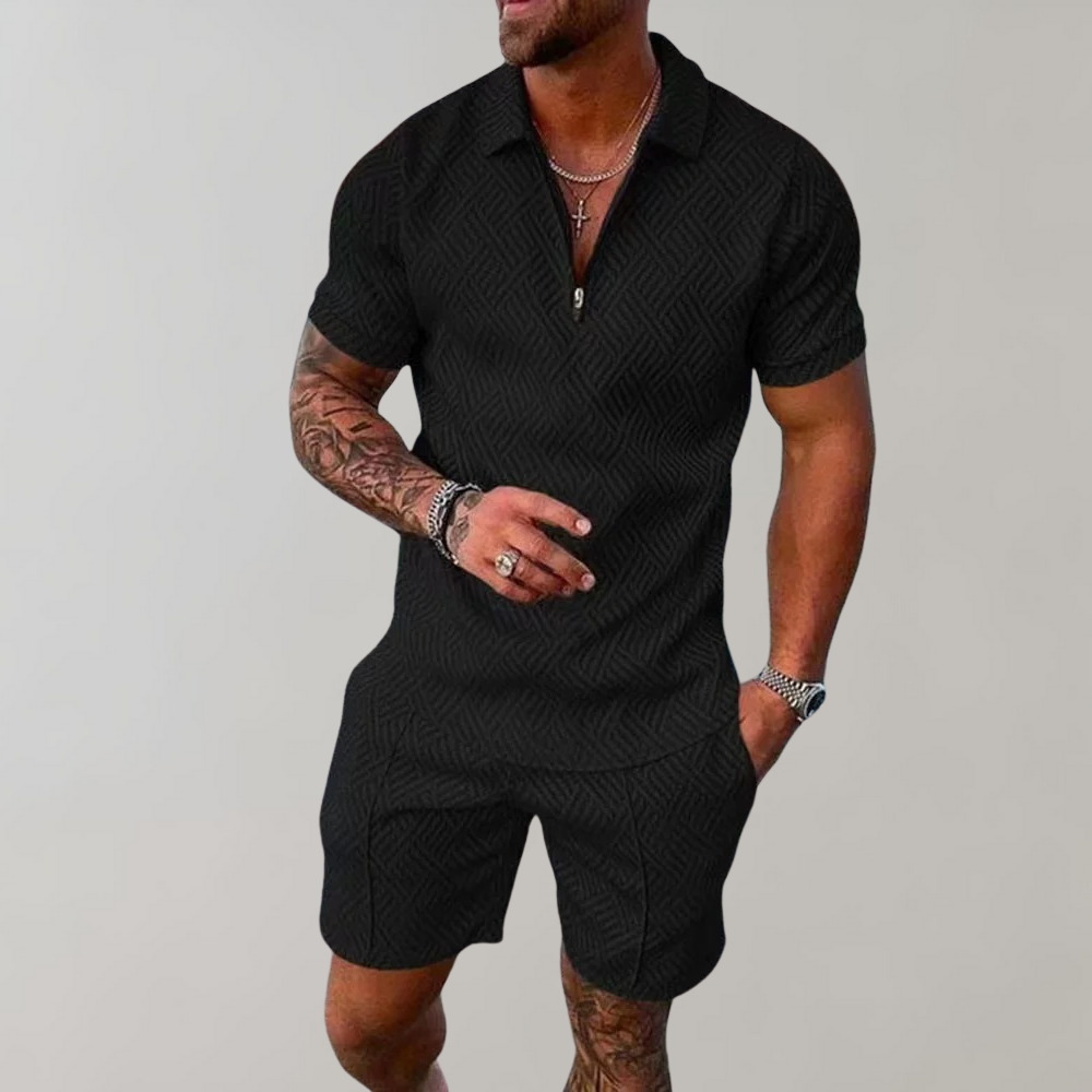 Zip-front polo and matching shorts set in Black – TARLANO