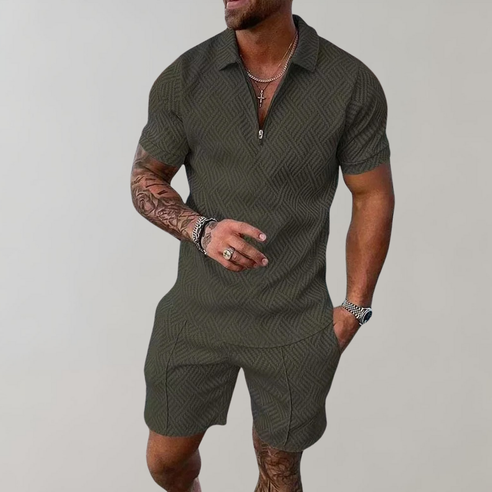 Model wearing polo and shorts matching set in Black – TARLANO