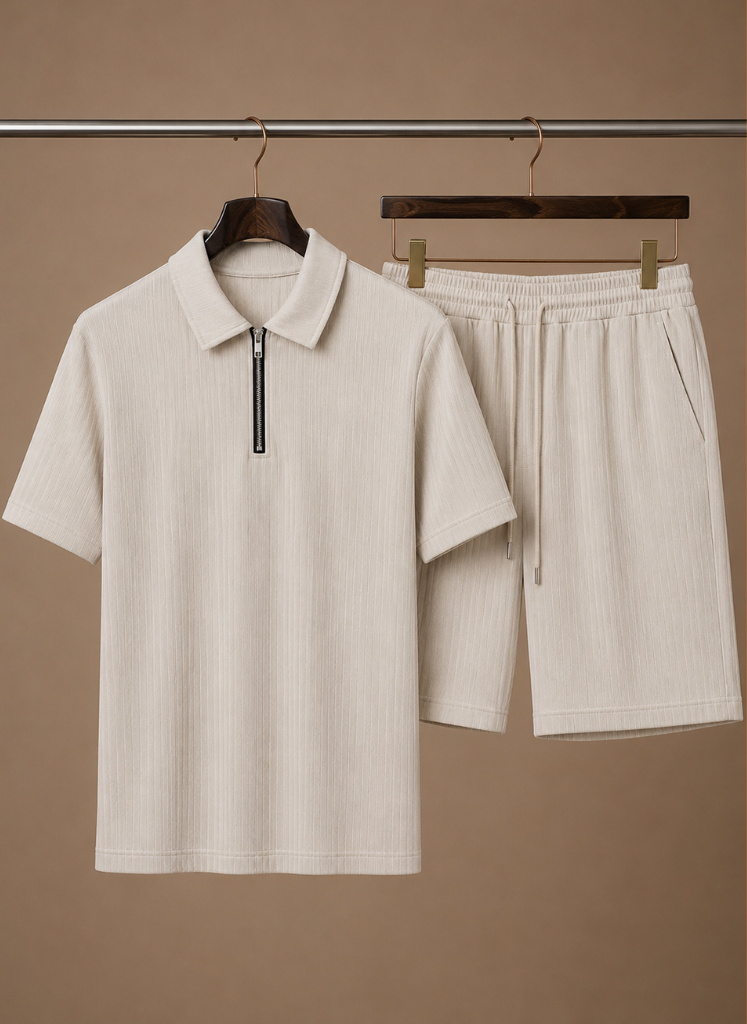 Ribbed polo and shorts matching set quarter-zip detail – TARLANO