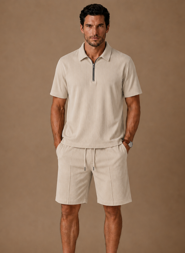 Model wearing ribbed polo matching set with elastic waist shorts – TARLANO
