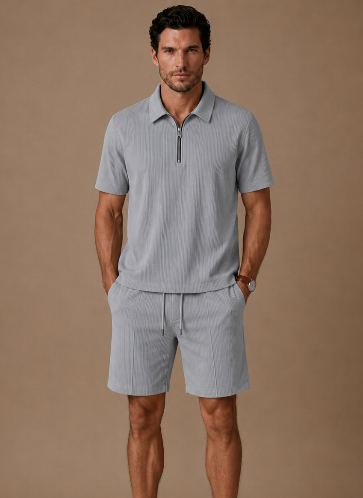 Mens Short and Polo Ribbed Matching Set Quarter-Zip – Linver