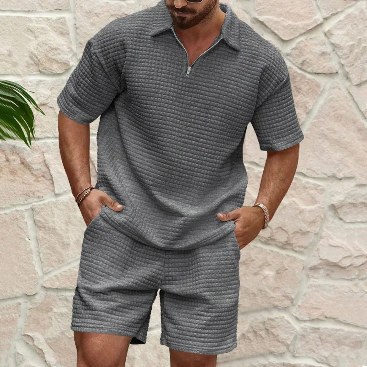 Waffle knit polo and shorts set in dark gray – TARLANO