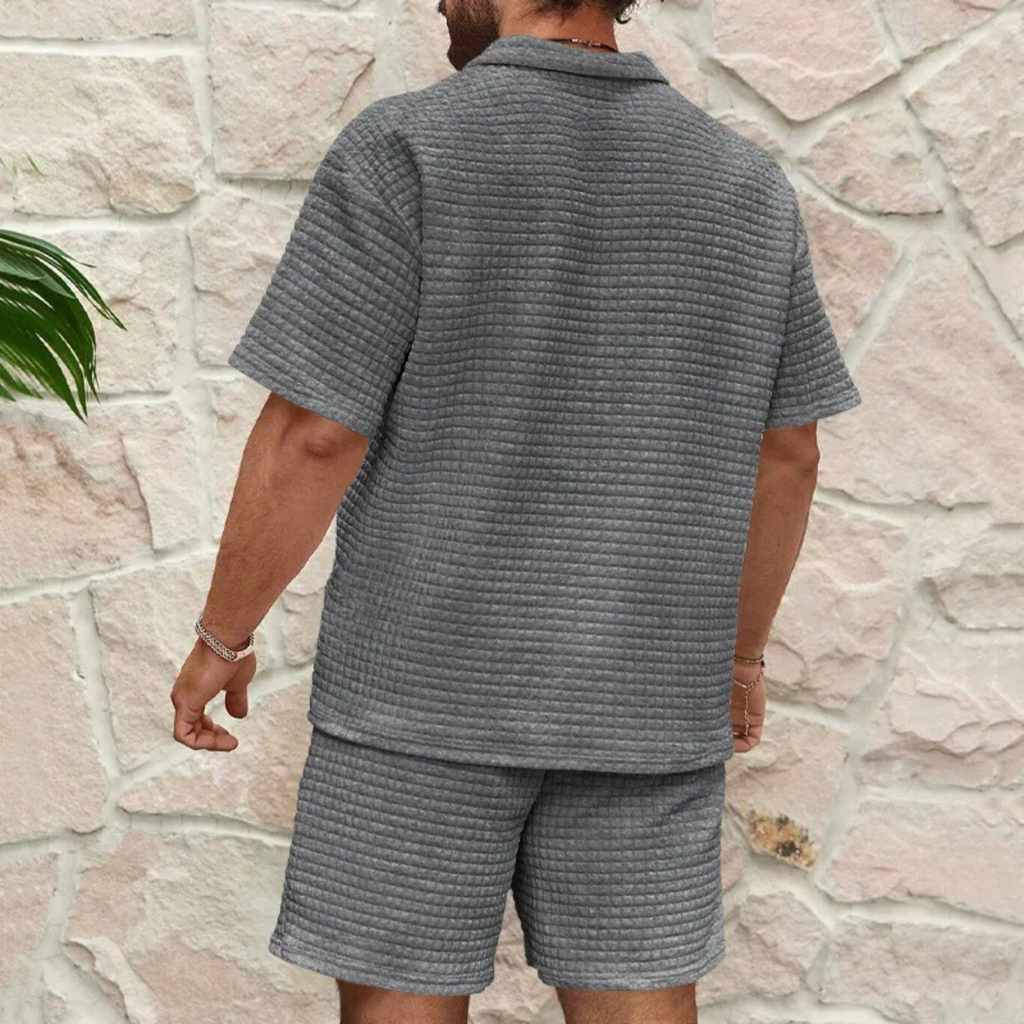 Model wearing waffle knit co-ord set in dark gray – TARLANO