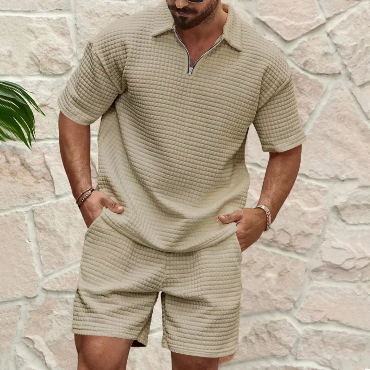 Mens Short and Polo Waffle Knit Set Relaxed Fit – Sanro