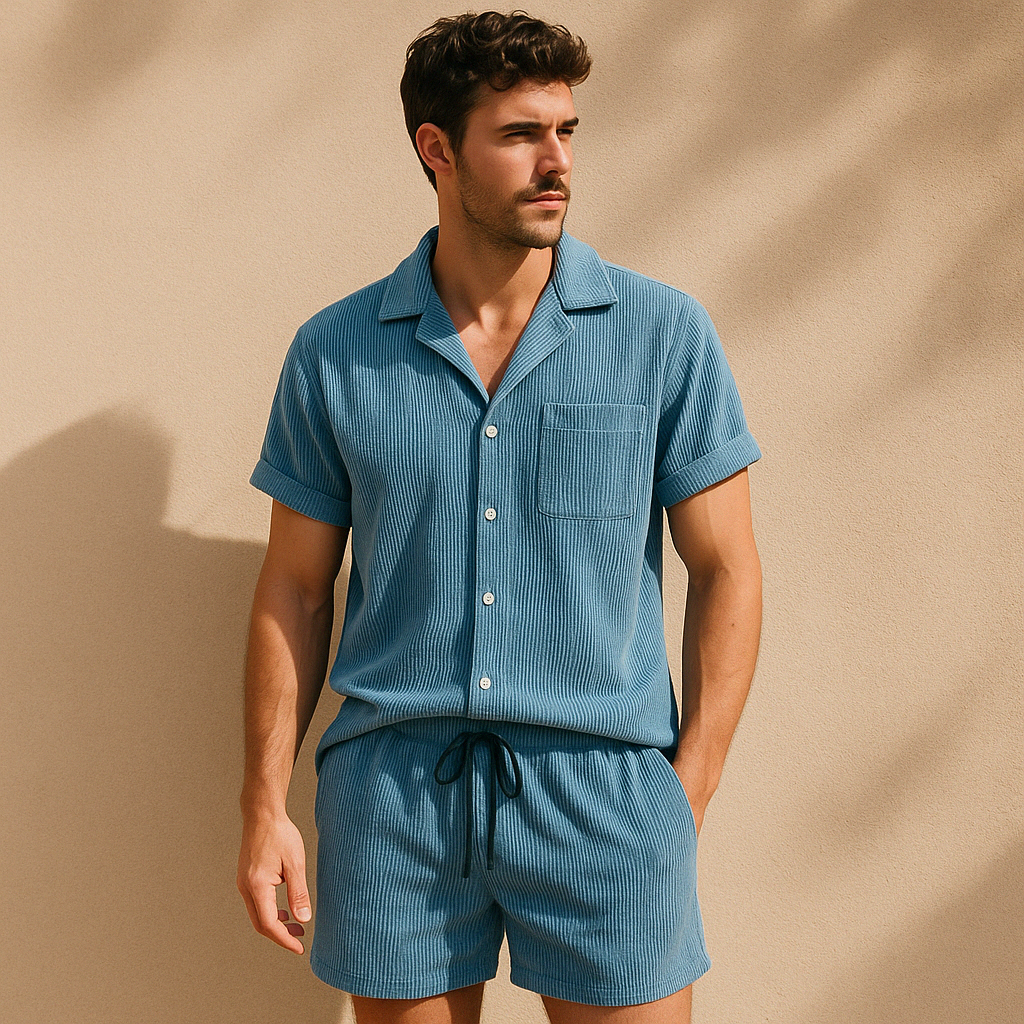 Fine-wale corduroy shirt and shorts set in blue – TARLANO