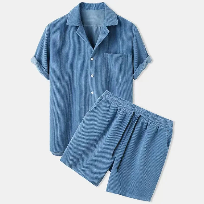 Model wearing corduroy co-ord set in blue – TARLANO