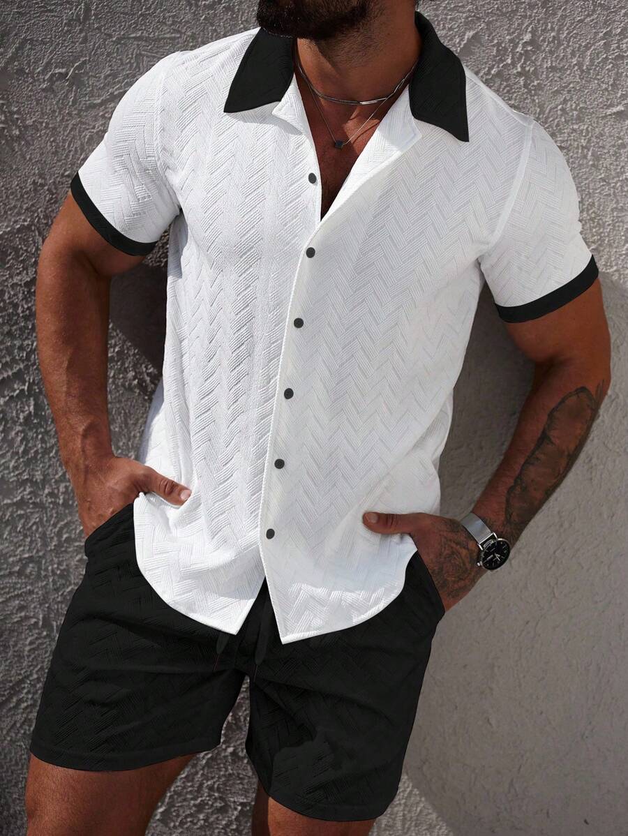 Contrast trim button-front shirt and shorts set in black and white – TARLANO