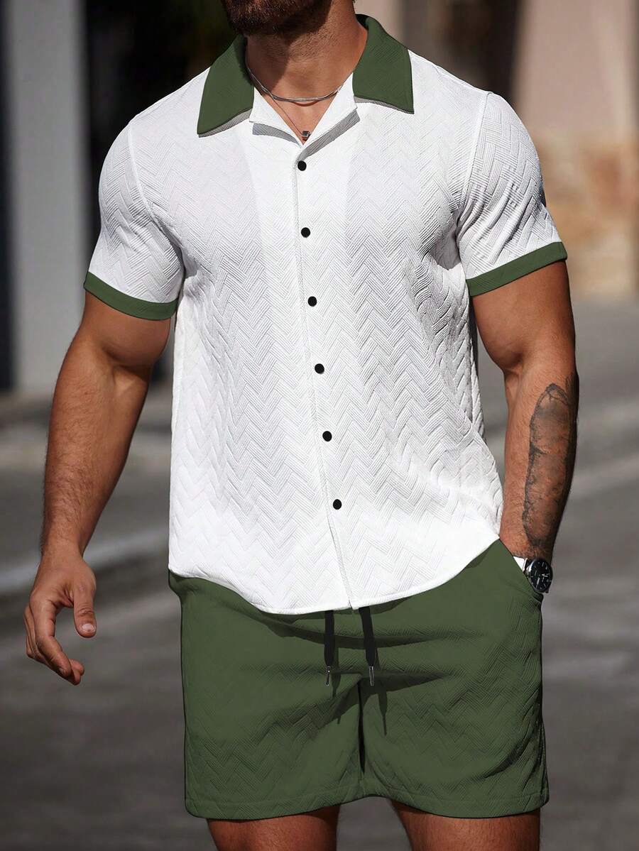 Mens Short Set Contrast Trim Button-Front Shirt and Shorts – Dalvo