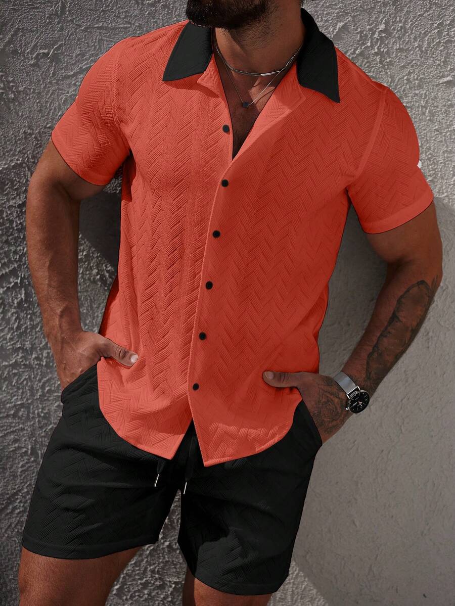 Mens Short Set Contrast Trim Button-Front Shirt and Shorts – Dalvo