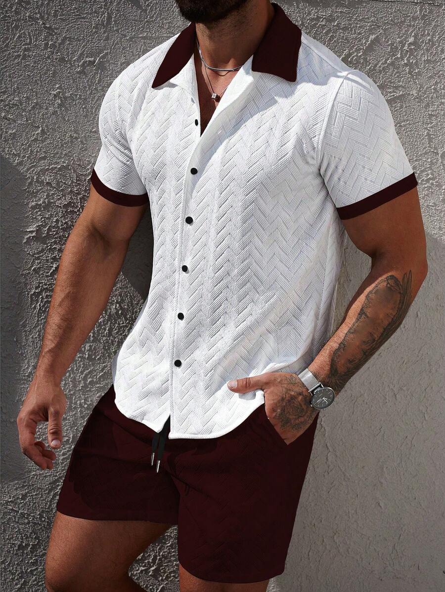 Mens Short Set Contrast Trim Button-Front Shirt and Shorts – Dalvo