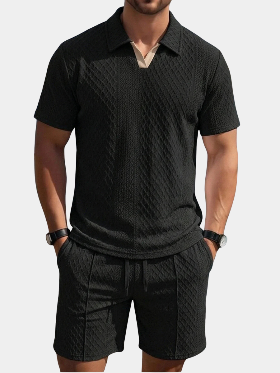 Diamond knit short set with polo collar in black – TARLANO