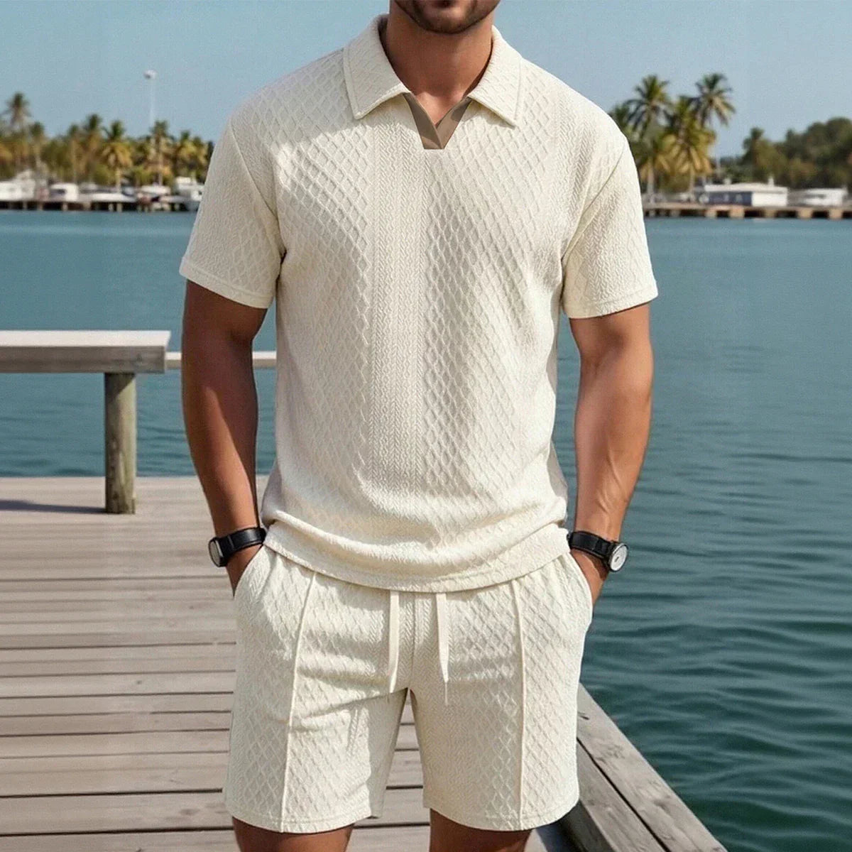 Mens Short Set Knit Polo Collar Diamond Pattern – Rancel