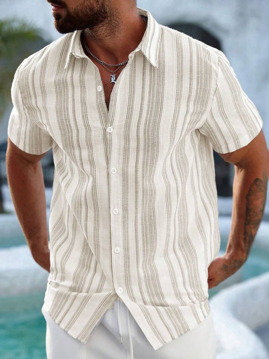 Mens Short Sleeve Button-Down Shirt Polyester Blend Regular Fit – Faldon