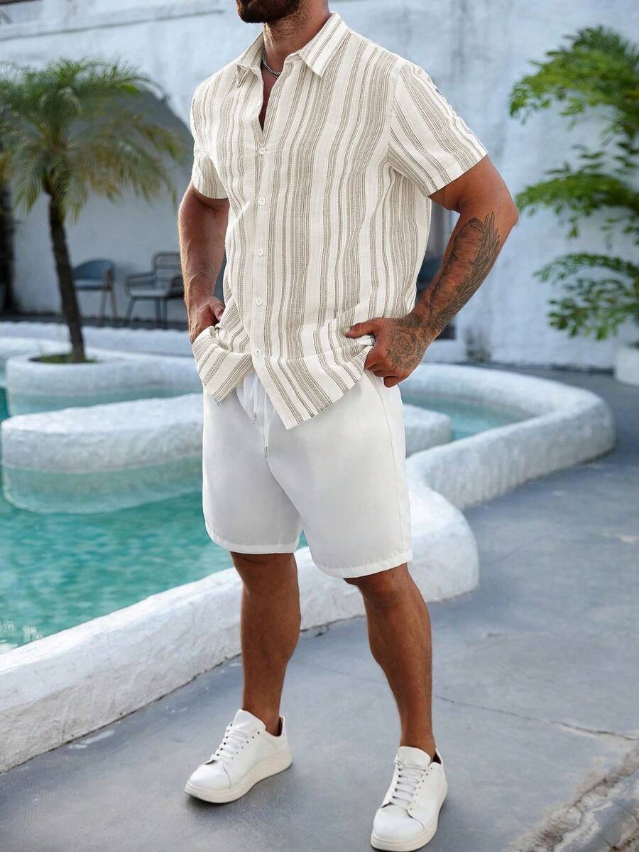 Mens Short Sleeve Button-Down Shirt Polyester Blend Regular Fit – Faldon