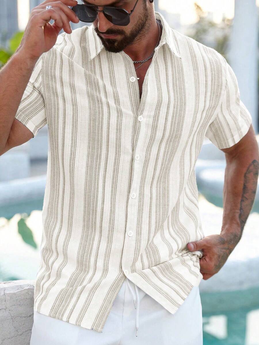 Mens Short Sleeve Button-Down Shirt Polyester Blend Regular Fit – Faldon