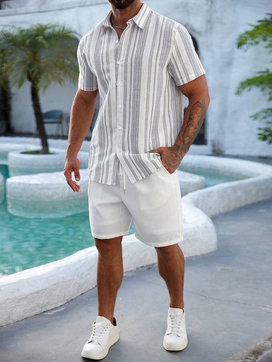 Mens Short Sleeve Button-Down Shirt Polyester Blend Regular Fit – Faldon
