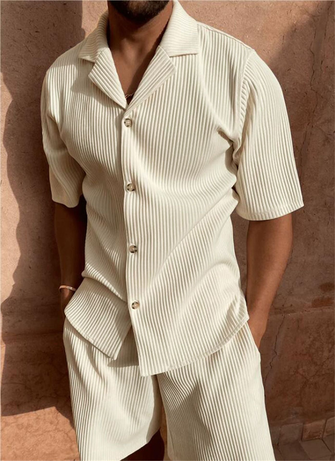 Ribbed button-front shirt and shorts matching set in Beige – TARLANO