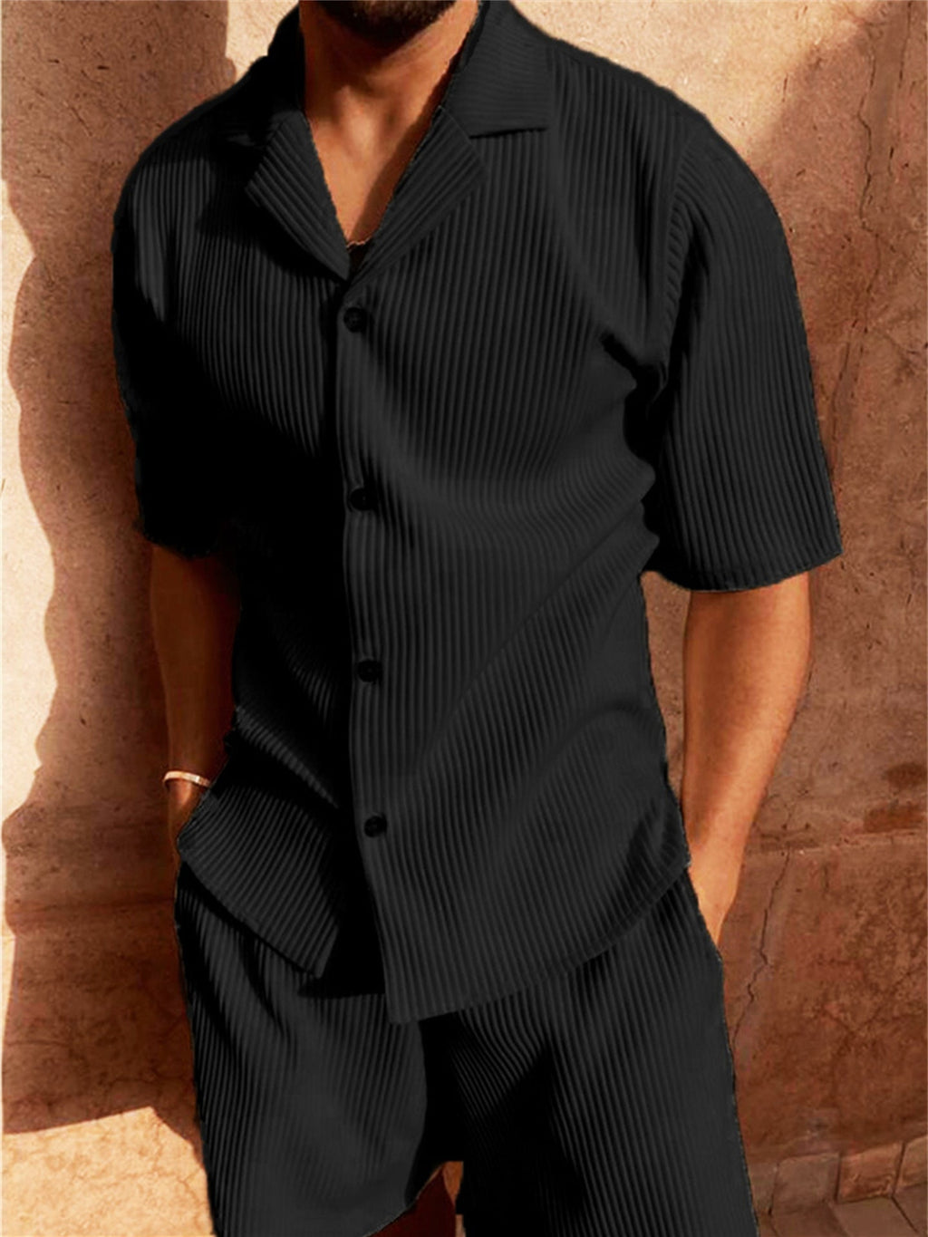 Model wearing ribbed two-piece matching set in Beige – TARLANO