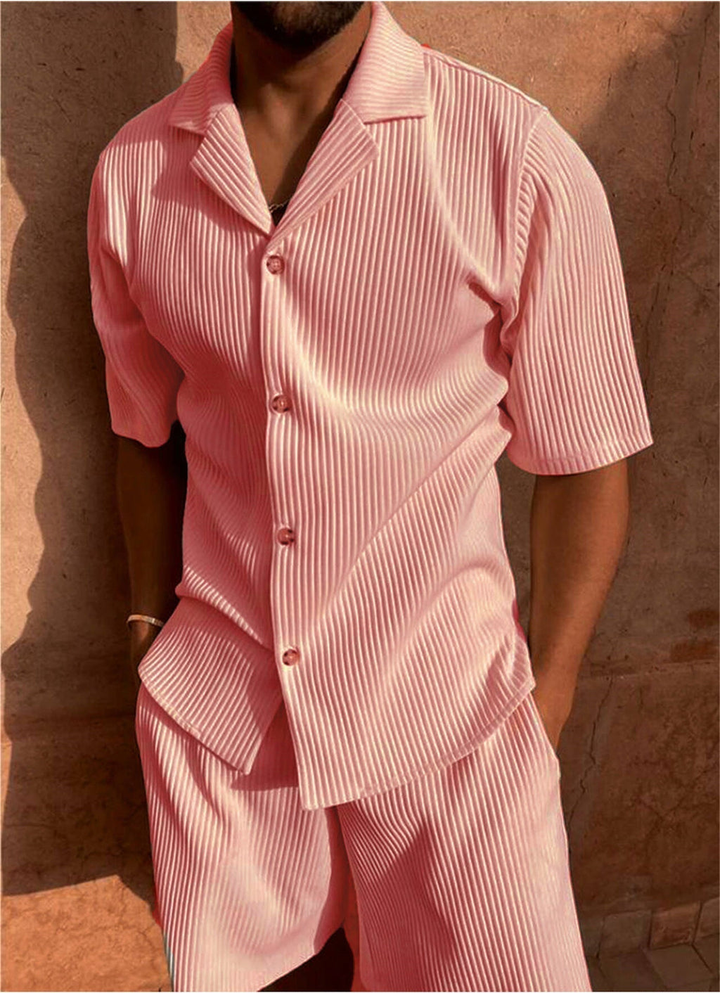 Ribbed Button Front Shirt & Shorts Matching Set in Beige – Slate