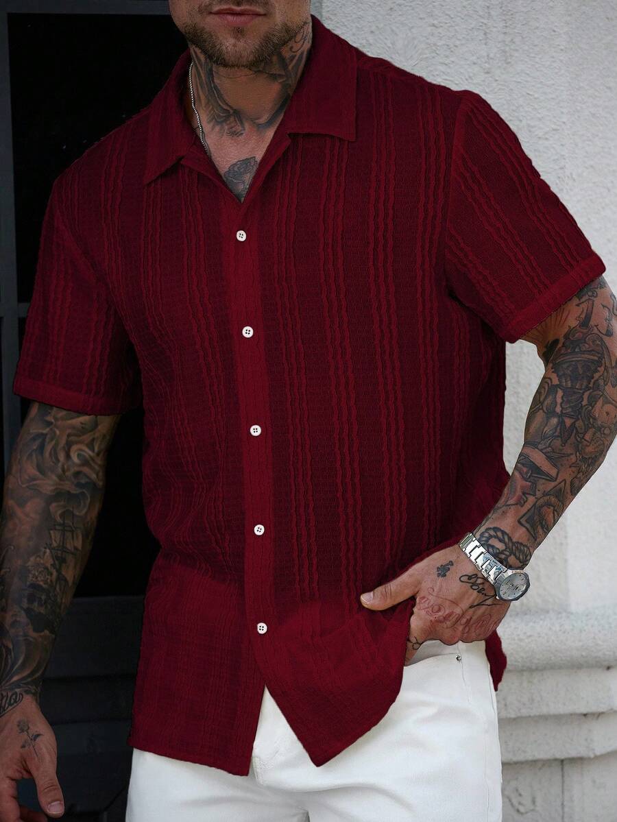 Mens Short Sleeve Crochet Knit Shirt Open Weave Casual Summer