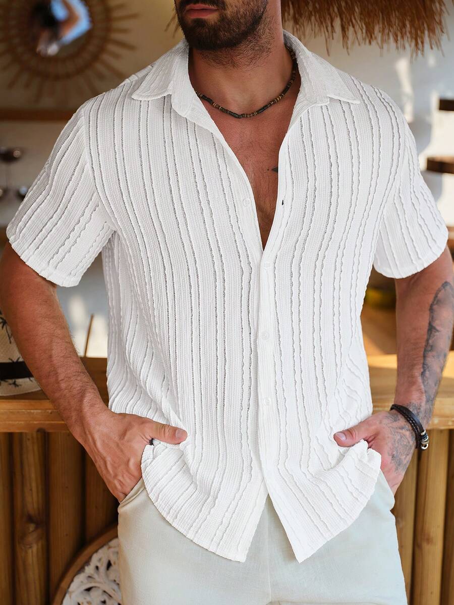 Mens Short Sleeve Crochet Knit Shirt Open Weave Casual Summer