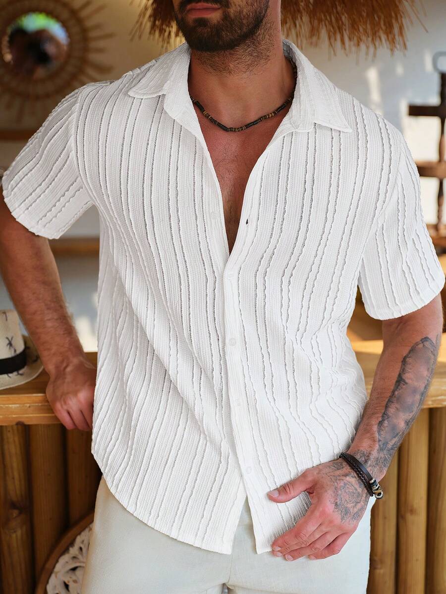 Mens Short Sleeve Crochet Knit Shirt Open Weave Casual Summer
