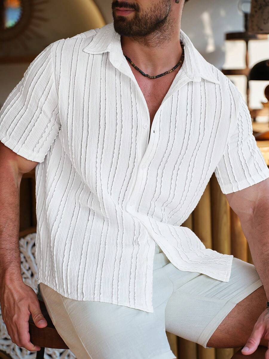 Mens Short Sleeve Crochet Knit Shirt Open Weave Casual Summer