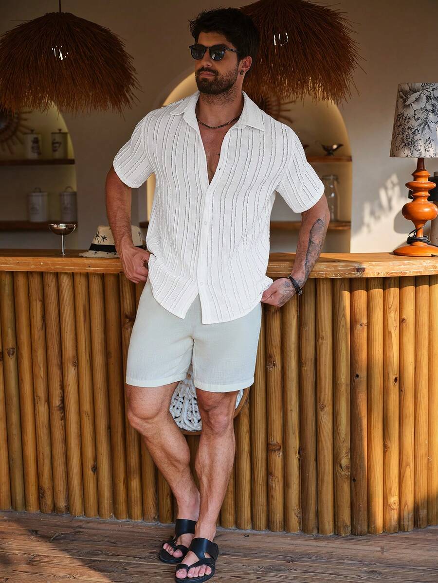 Mens Short Sleeve Crochet Knit Shirt Open Weave Casual Summer