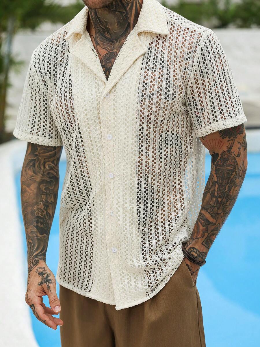 Mens Short Sleeve Crochet Knit Shirt Open Weave Casual Summer