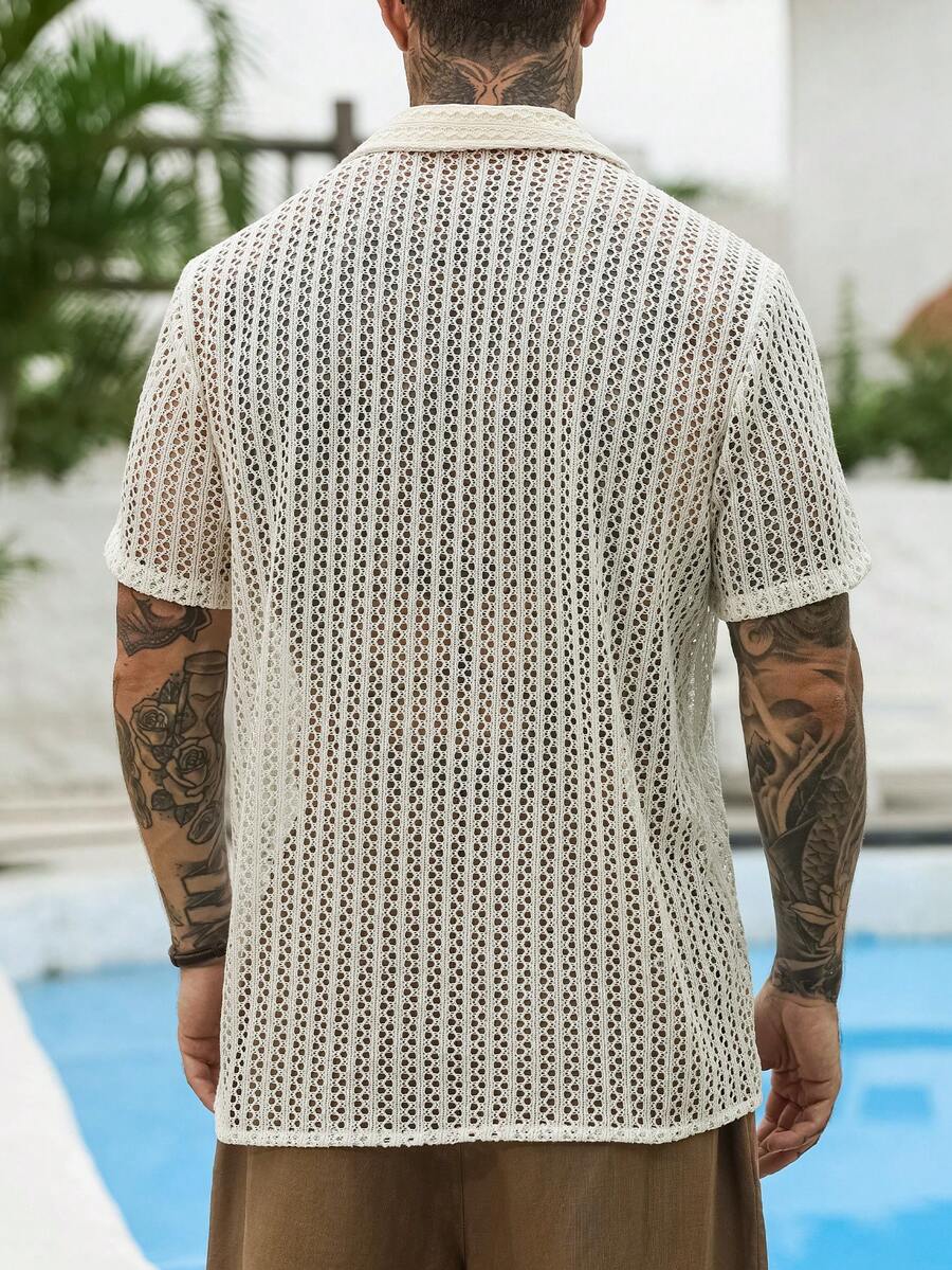 Mens Short Sleeve Crochet Knit Shirt Open Weave Casual Summer