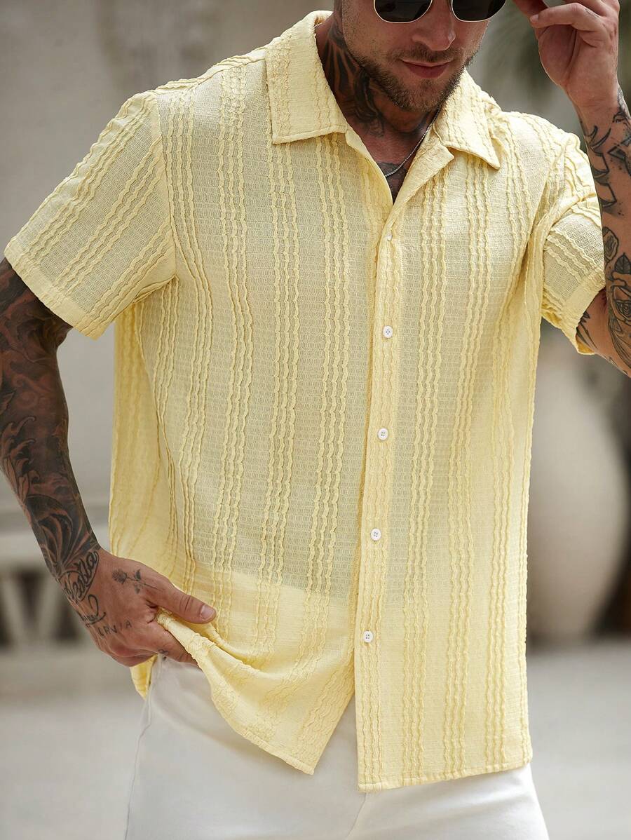 Mens Short Sleeve Crochet Knit Shirt Open Weave Casual Summer