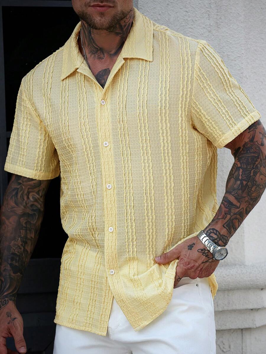 Mens Short Sleeve Crochet Knit Shirt Open Weave Casual Summer