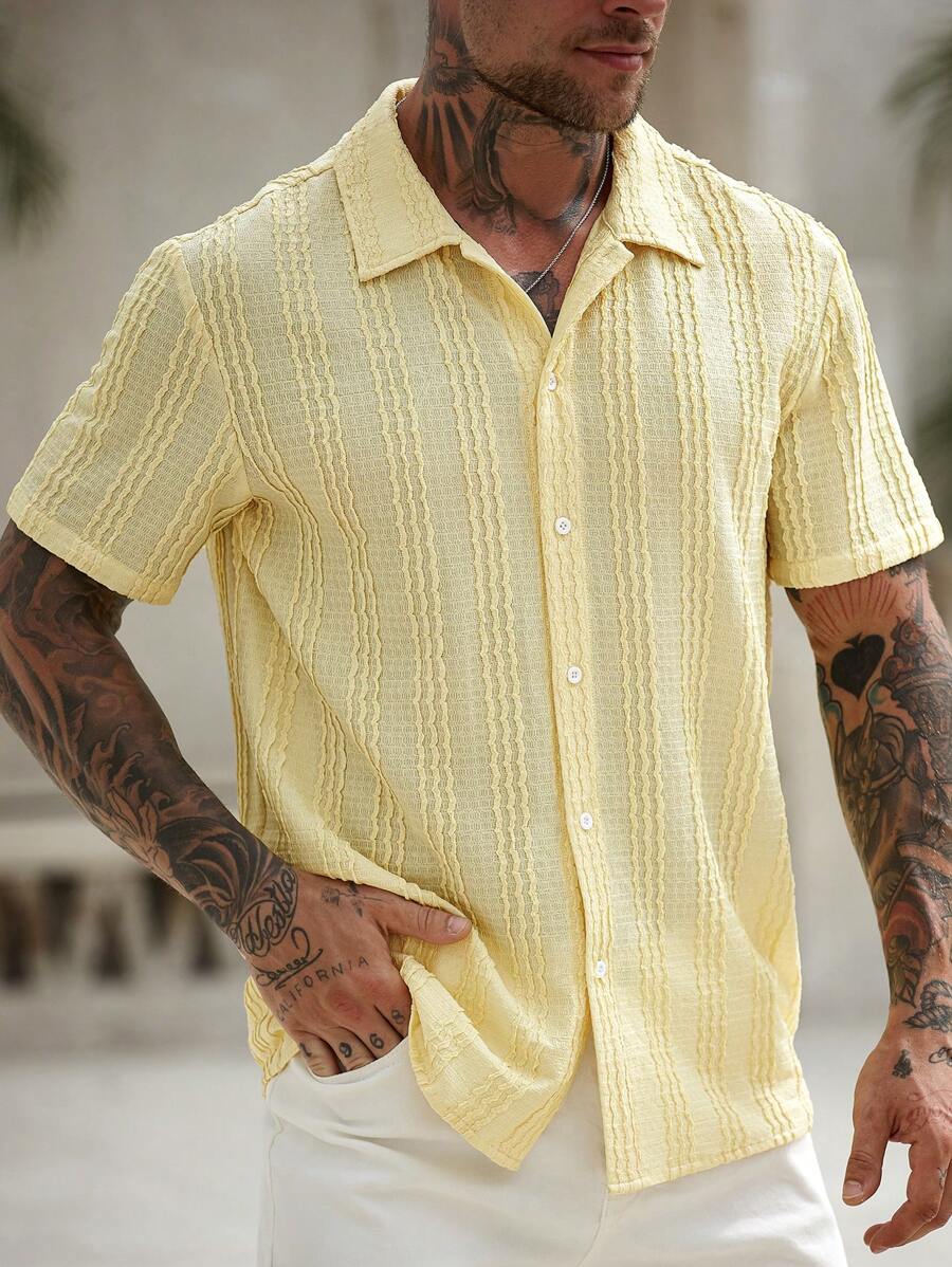 Mens Short Sleeve Crochet Knit Shirt Open Weave Casual Summer