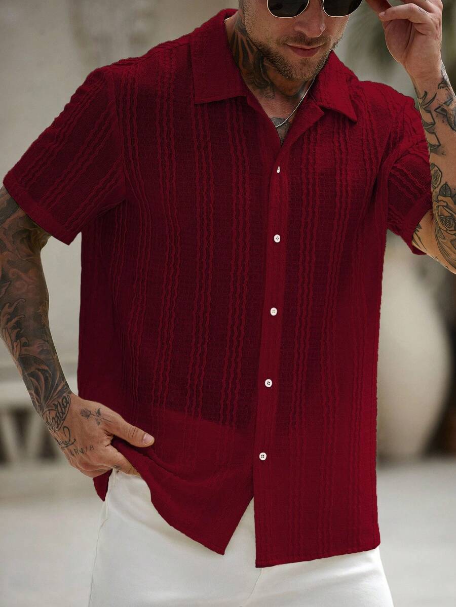 Mens Short Sleeve Crochet Knit Shirt Open Weave Casual Summer