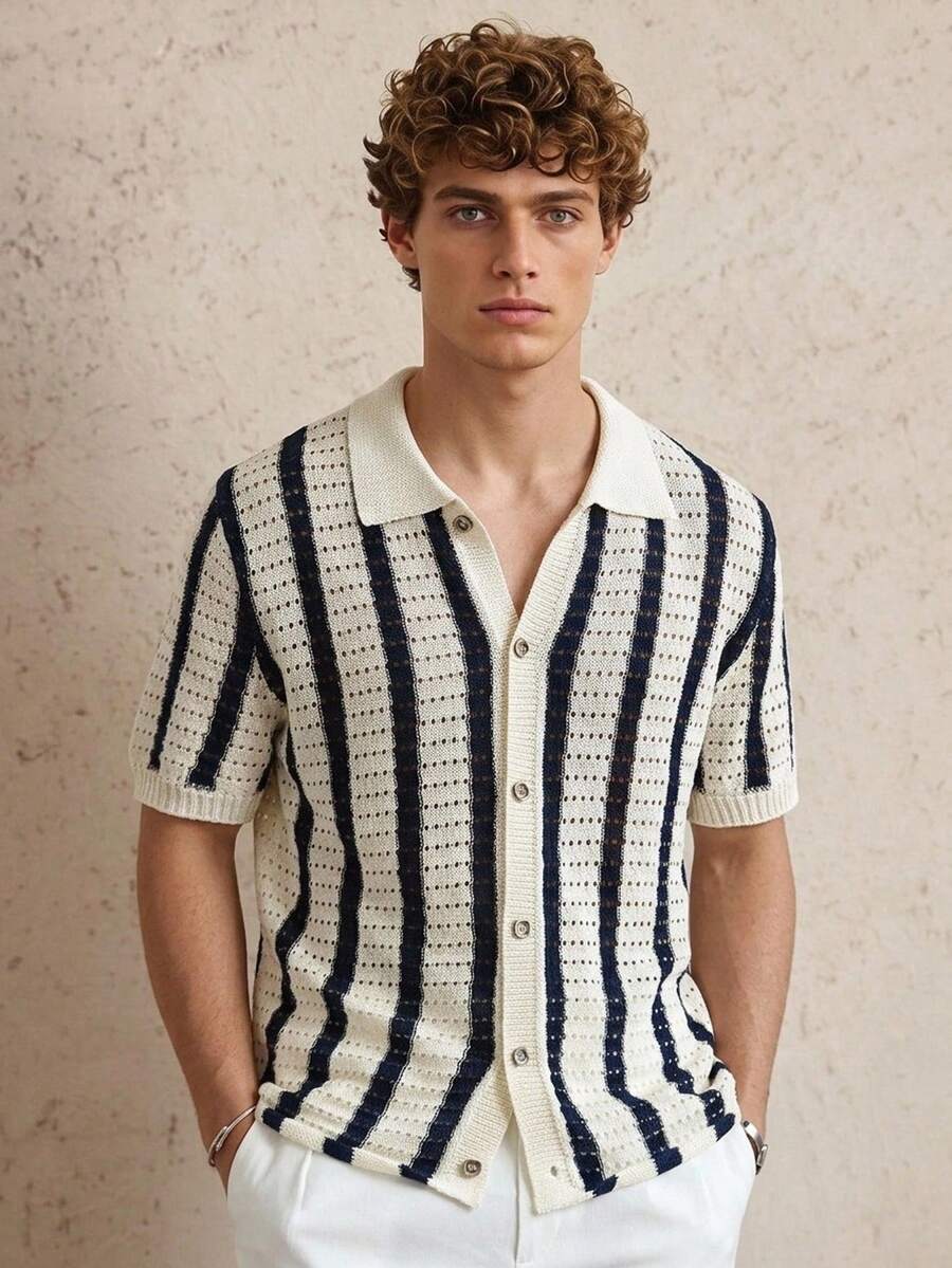Close-up of crochet knit stripe texture on short sleeve shirt in multicolor – TARLANO