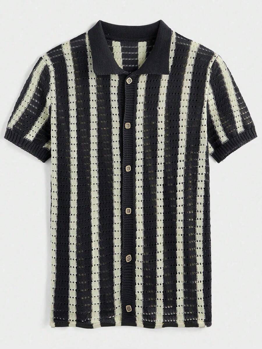 Mens Short Sleeve Crochet Knit Shirt Stripe Button Front – Vanto