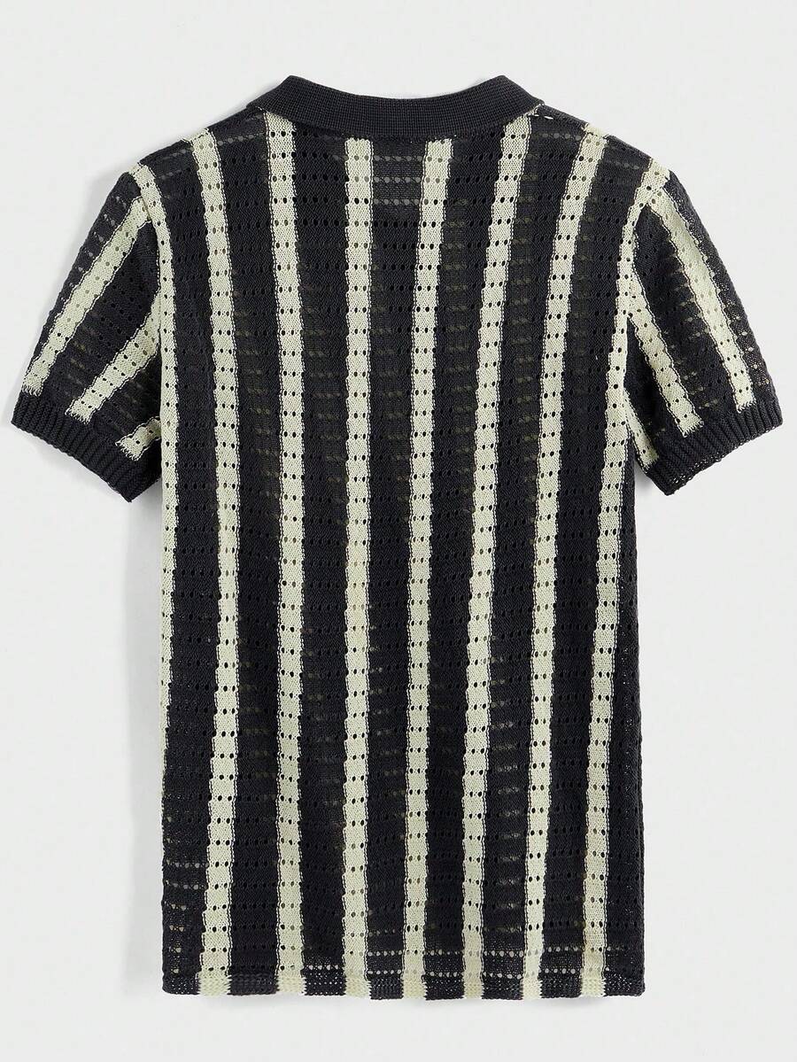 Mens Short Sleeve Crochet Knit Shirt Stripe Button Front – Vanto
