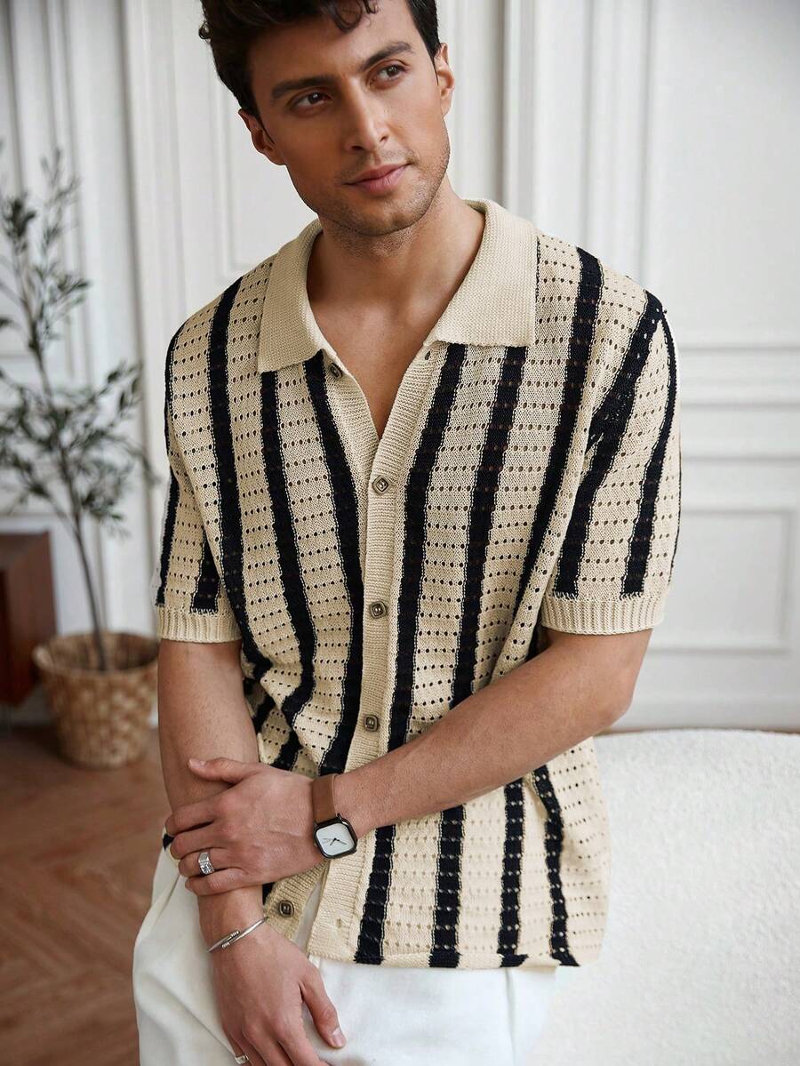 Mens Short Sleeve Crochet Knit Shirt Stripe Button Front – Vanto
